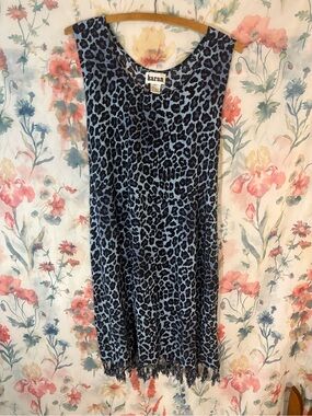 Vintage Karan Blue Leopard Print Fringe Hem Dress